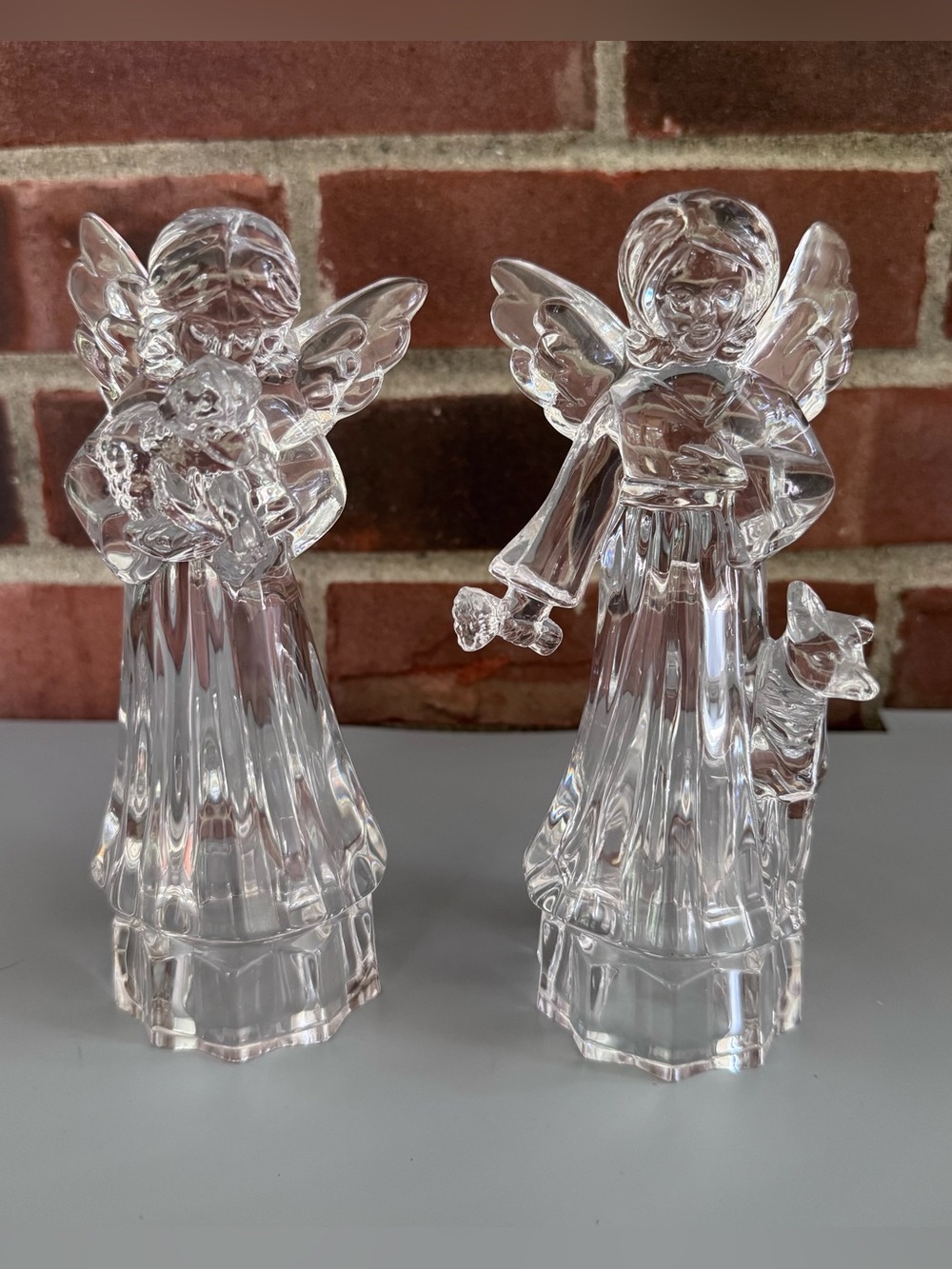 Set of 2 Clear Glass Angel Figurines Angel with Lamb & Woodland Animal 7”